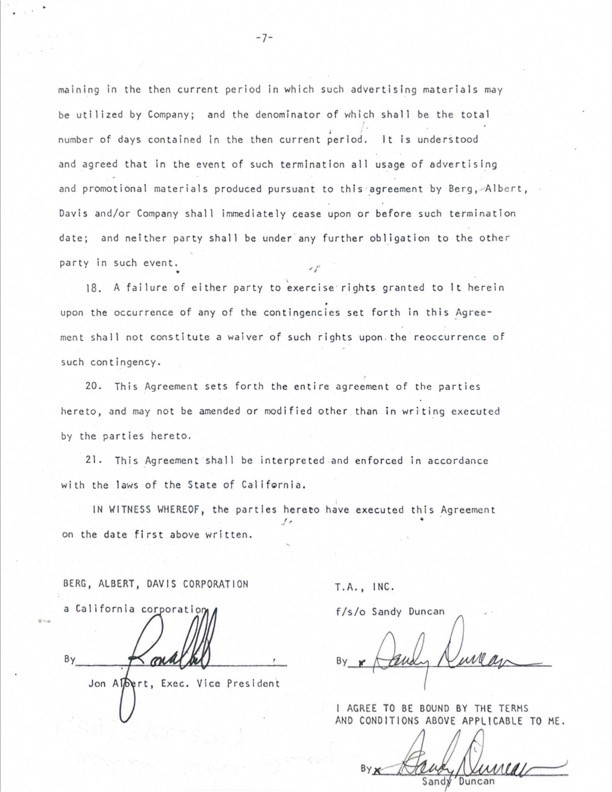 Sandy Duncan Dual-Signed Advertising Agreement