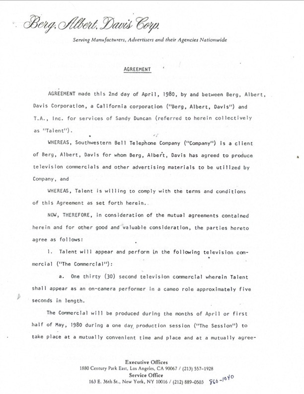 Sandy Duncan Dual-Signed Advertising Agreement