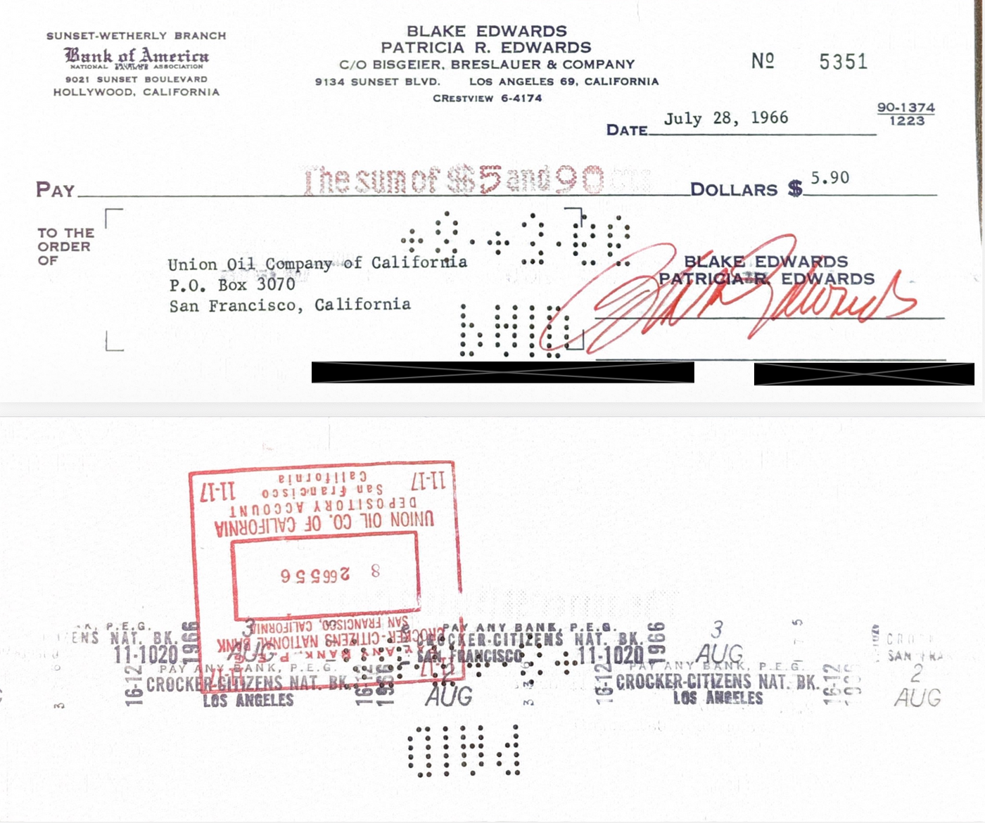 Blake Edwards Hand-Signed Joint Personal Account Check