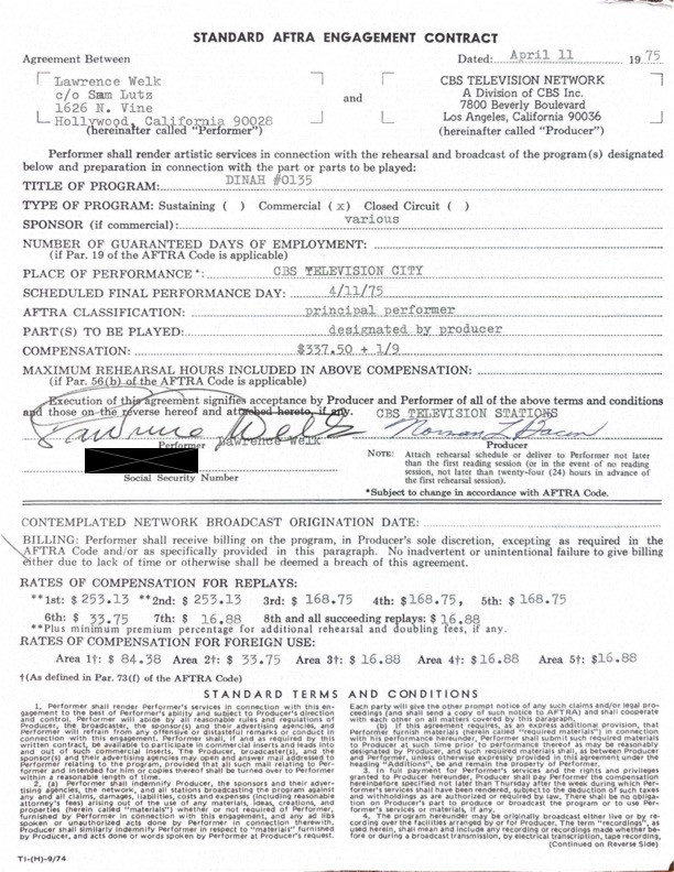 Lawrence Welk Hand-Signed Standard AFTRA Engagement Contract