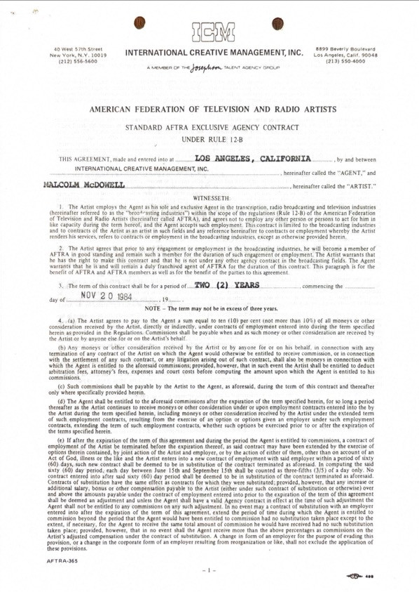 Malcolm McDowell Hand-Signed ICM Agency Contract