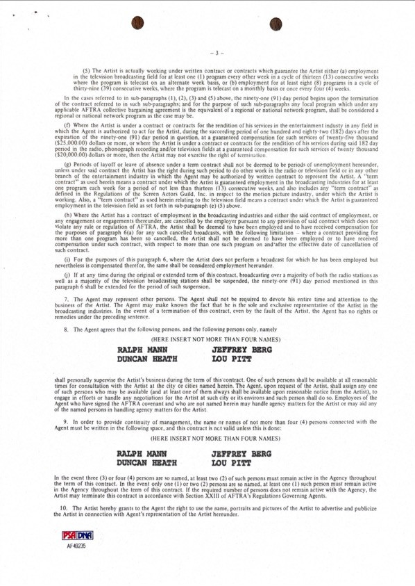 Malcolm McDowell Hand-Signed ICM Agency Contract