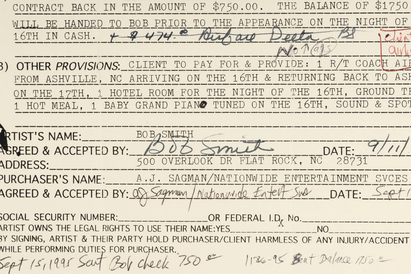 "Buffalo" Bob Smith Hand-Signed 1995 Performance Contract