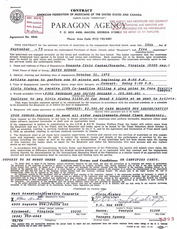 Elvin Bishop Hand-Signed American Federation of Musicians Executive Performance Contract