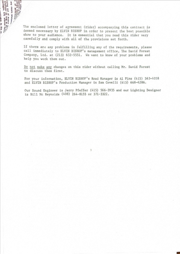 Elvin Bishop Hand-Signed American Federation of Musicians Executive Performance Contract