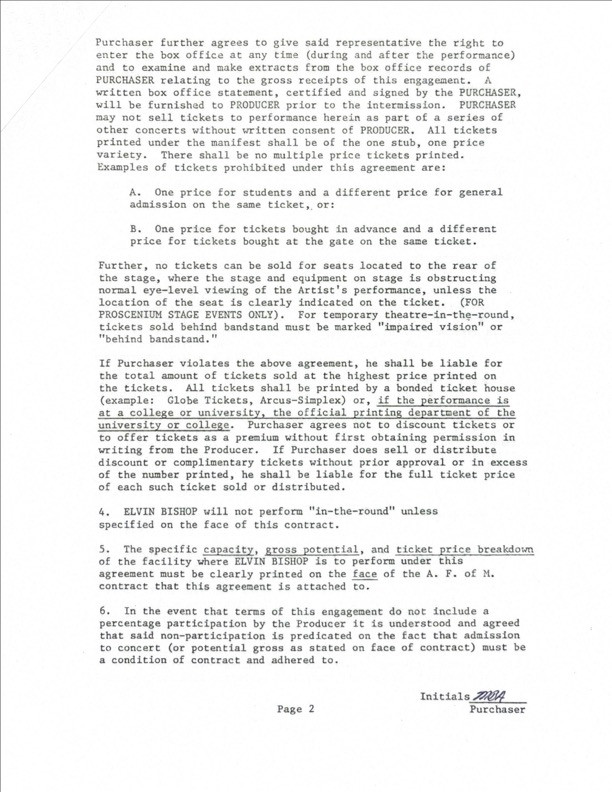 Elvin Bishop Hand-Signed American Federation of Musicians Executive Performance Contract