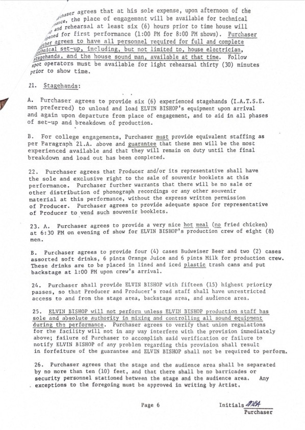 Elvin Bishop Hand-Signed American Federation of Musicians Executive Performance Contract