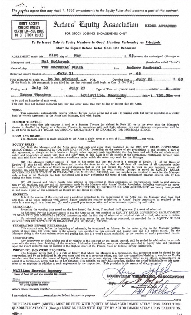 Hal Holbrook Dual-Signed Actors’ Equity Stock Jobbing Contract