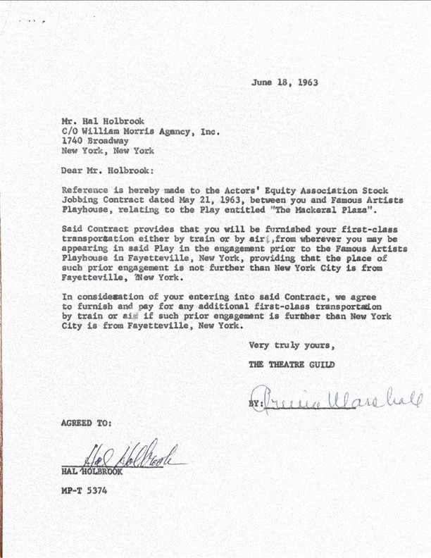 Hal Holbrook Dual-Signed Actors’ Equity Stock Jobbing Contract