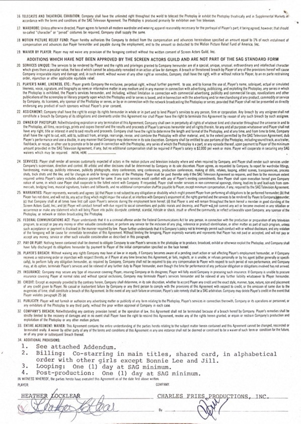 Heather Locklear Hand-Signed Feature Film Contract
