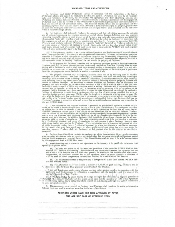 Jane Fonda Hand-Signed Standard AFTRA Engagement Contract