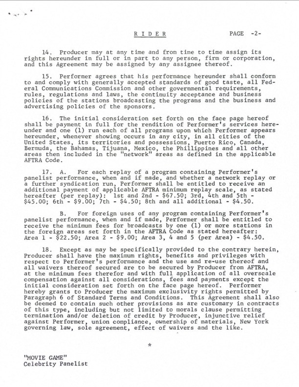 Jane Fonda Hand-Signed Standard AFTRA Engagement Contract