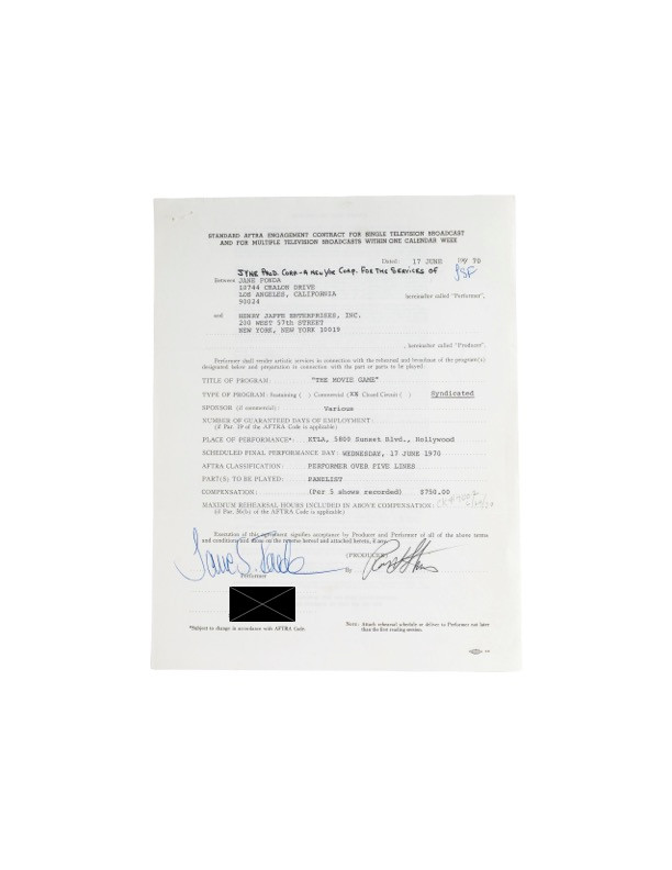 Jane Fonda Hand-Signed Standard AFTRA Engagement Contract