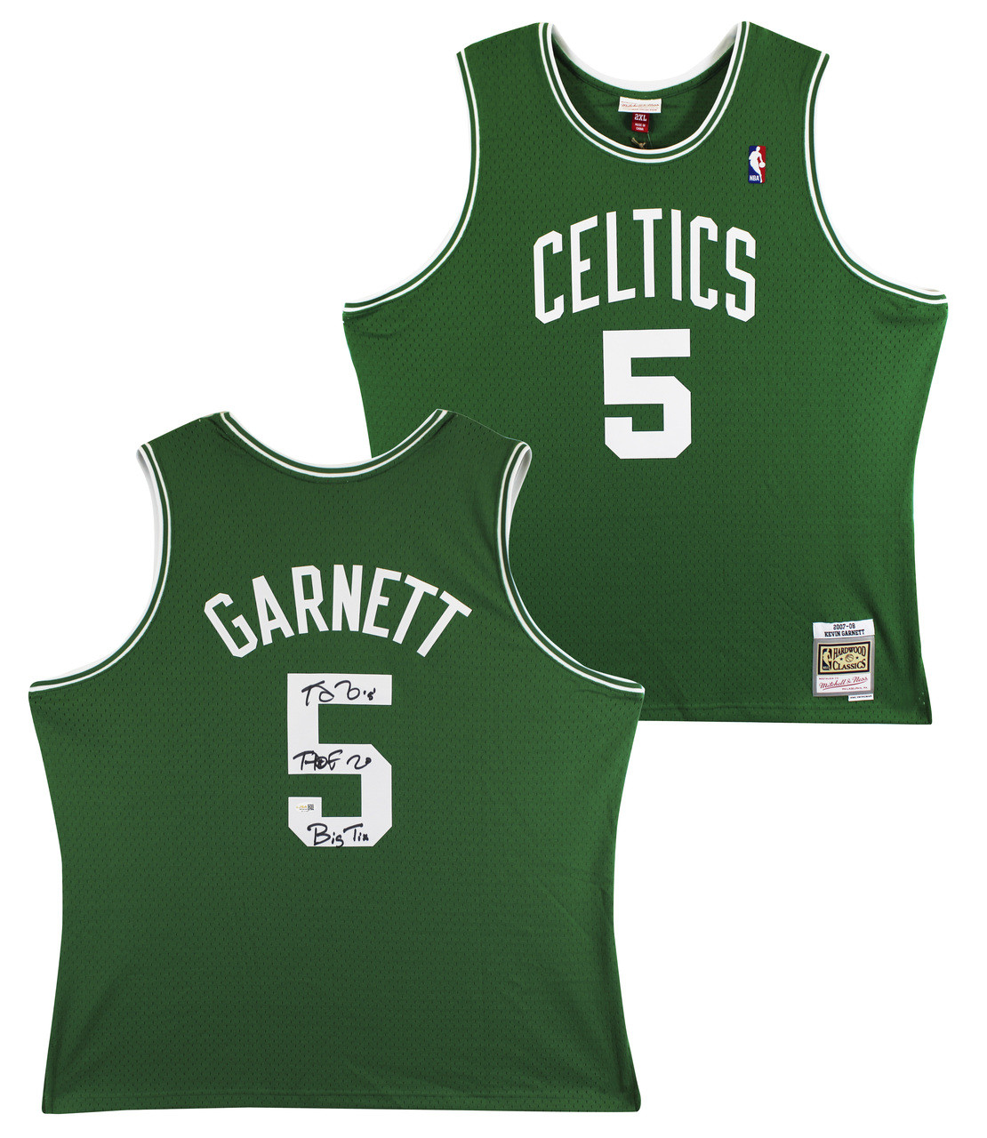 Celtics Kevin Garnett "HOF, Big Tix" Signed Green M&N HWC Swingman Jersey JSA W
