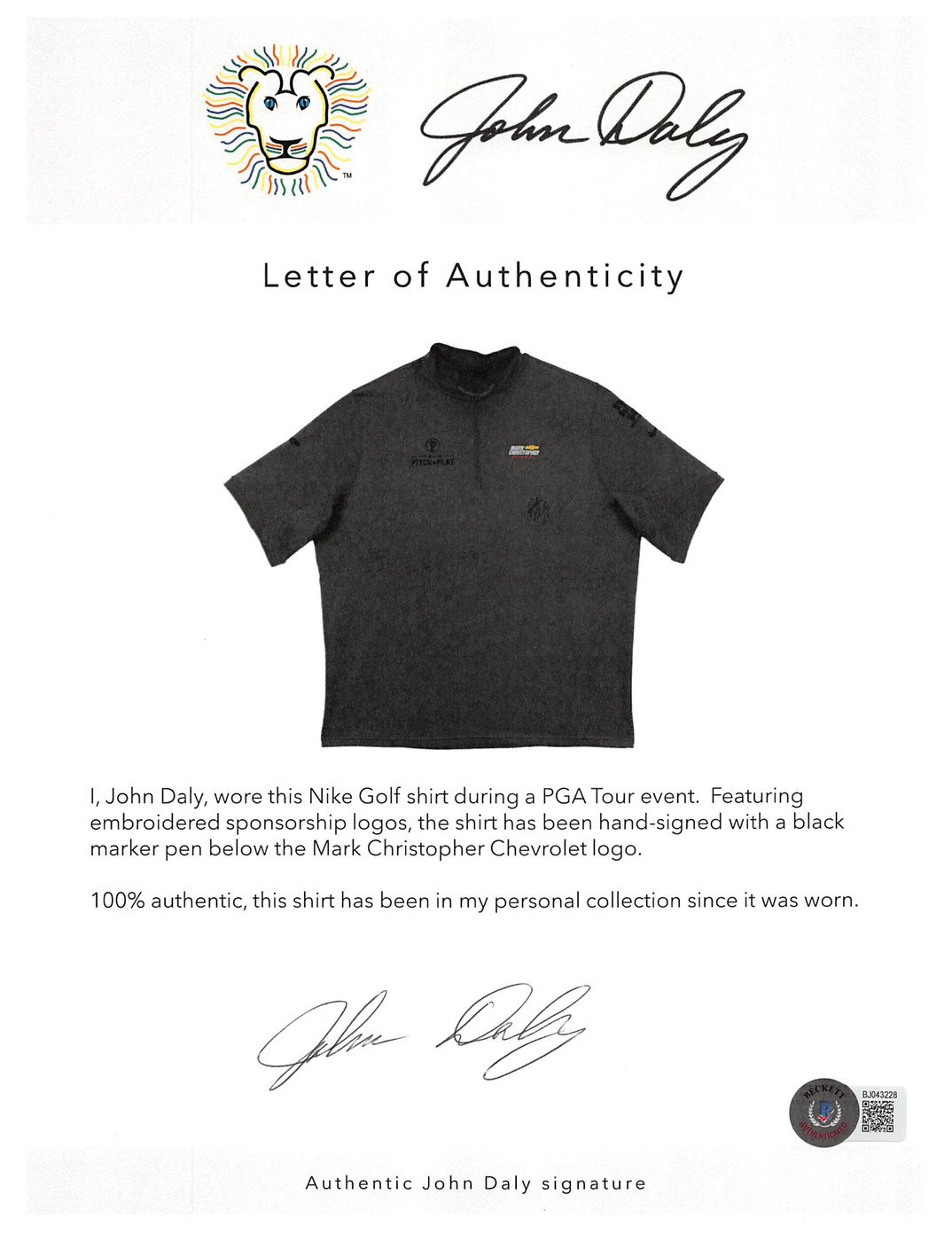 John Daly Signed Match Worn Dark Gray Nike Golf Quarter Zip Shirt BAS #BH00329