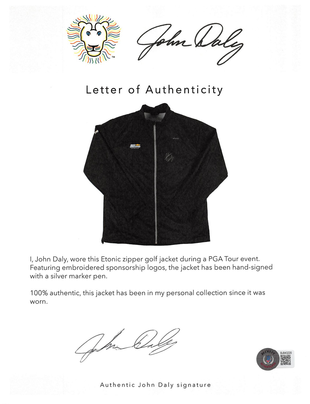 John Daly Authentic Signed Match Worn Black  Etonic Golf Jacket BAS #BH00331
