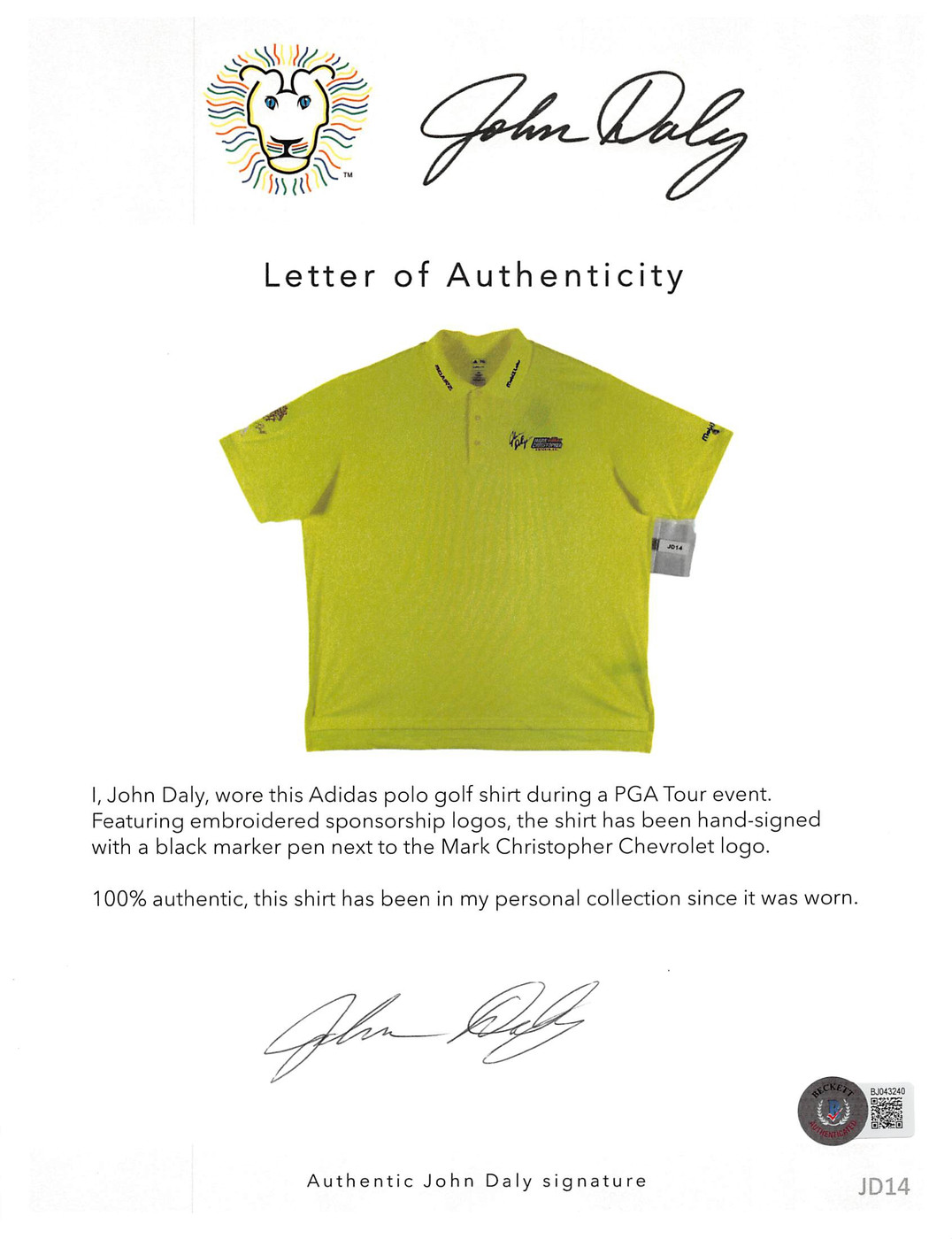 John Daly Signed Match Worn Yellow  Adidas Climalite Polo Shirt BAS #BH00367