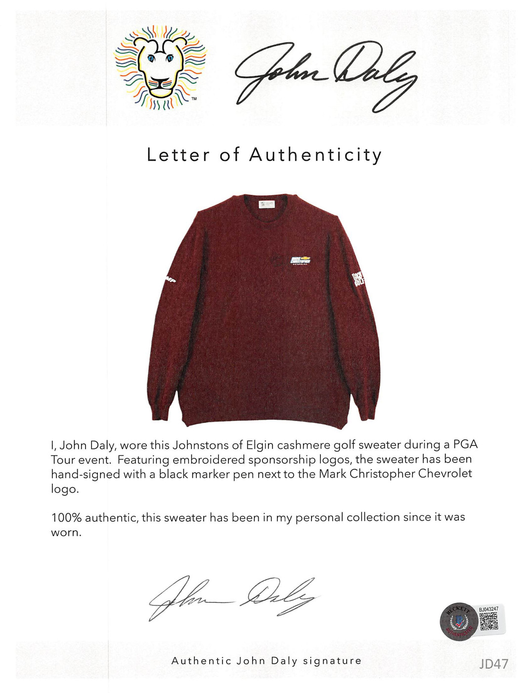John Daly Signed Match Worn Maroon Johnstons of Elgin Cashmere Sweater BAS