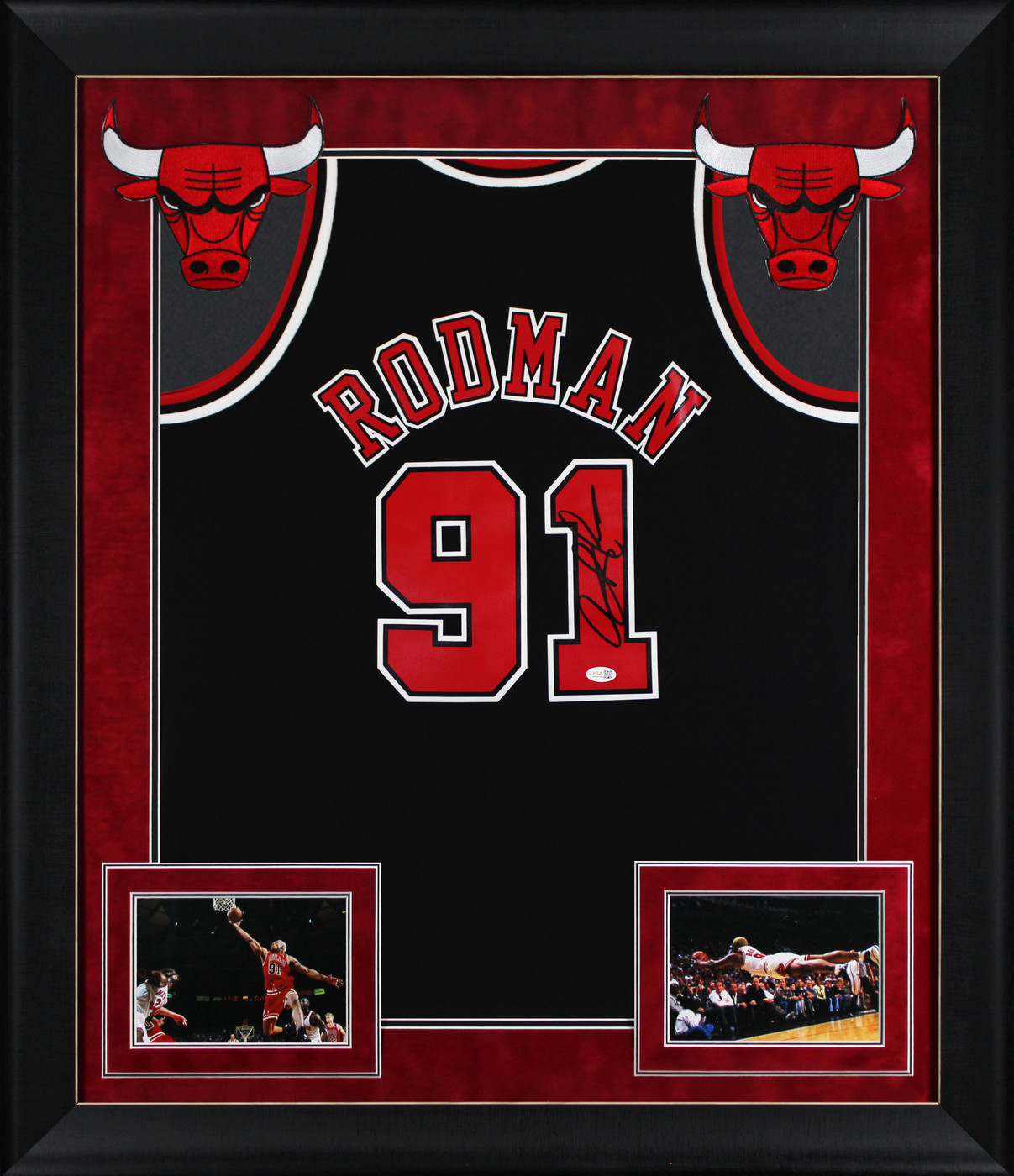 Bulls Dennis Rodman Signed Black M&N HWC Swingman Framed Jersey w/ Black Sig JSA