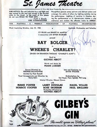 Ray Bolger Signed Autographed Where's Charley 1950 Playbill A