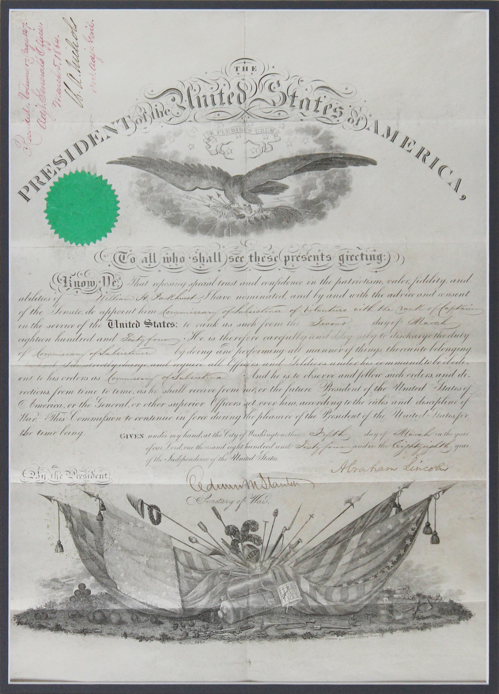 Abraham Lincoln Signed & Framed 15.75x19.75 1864 Military Appointment BAS LOA