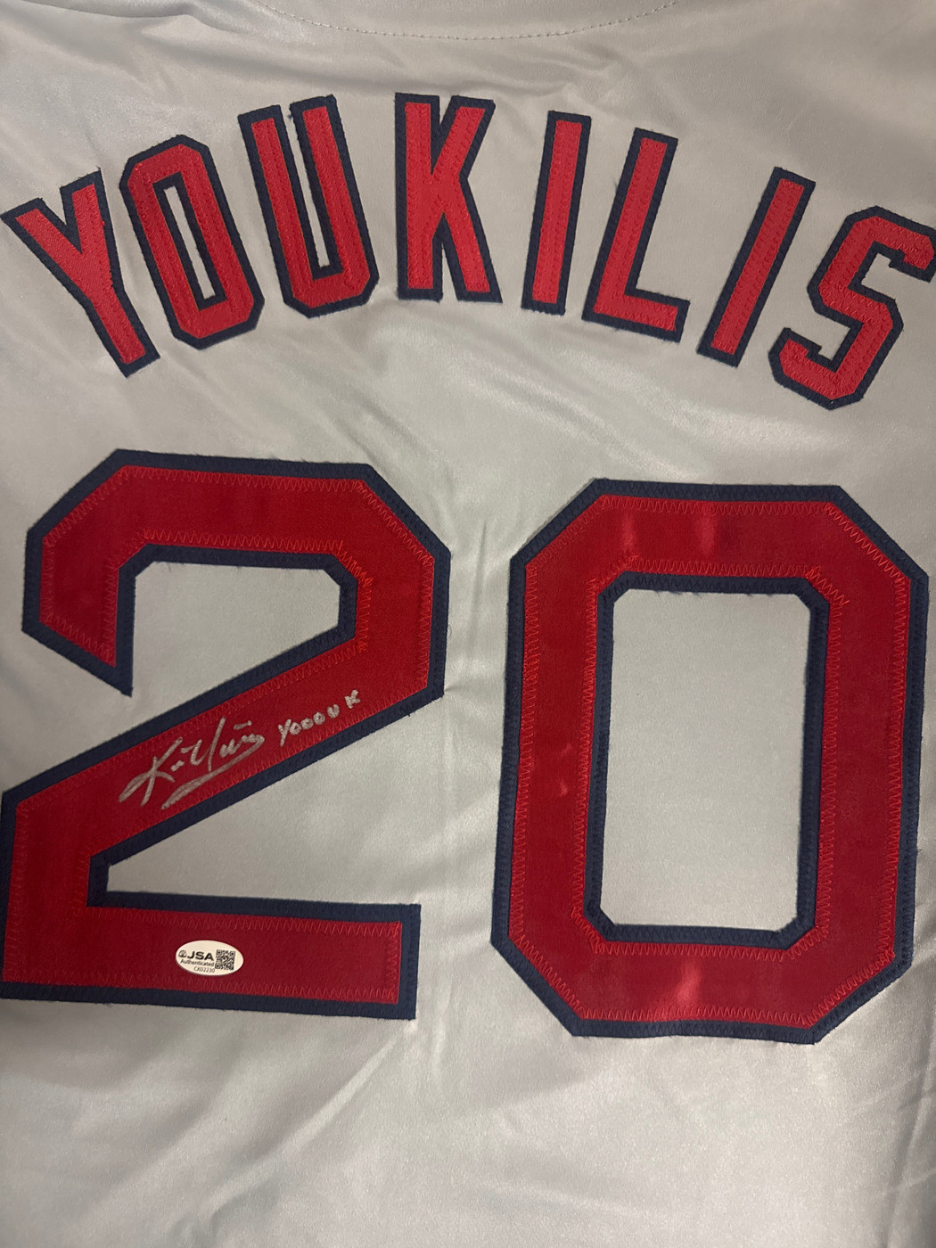 Kevin Youkilis Signed Yooouk Inscription Boston White Baseball Jersey (JSA)