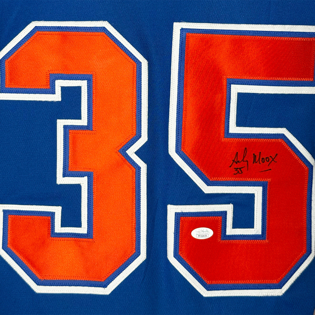 Andy Moog Signed Edmonton Blue Hockey Jersey (JSA)