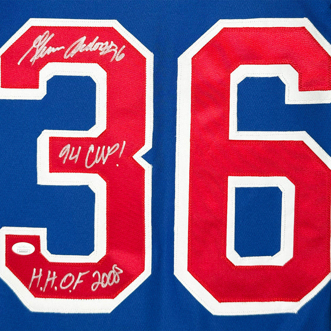Glenn Anderson Signed 94 Cup HOF 2008 Inscription New York Bue Hockey Jersey (JSA)