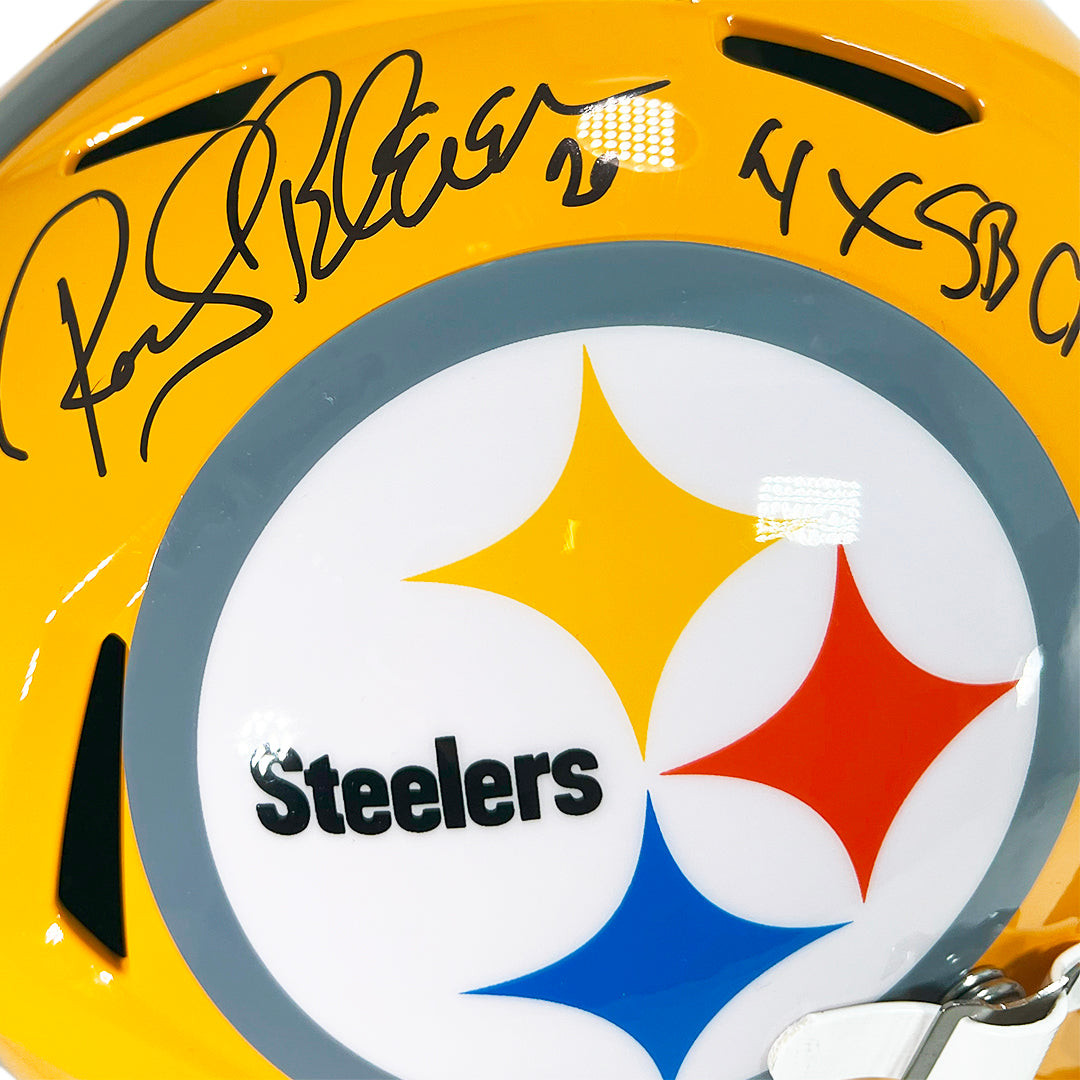 Rocky Bleier Signed 4x SB Champs Inscription Pittsburgh Steelers Throwback Gold Speed Full-Size Replica Football Helmet (Beckett)