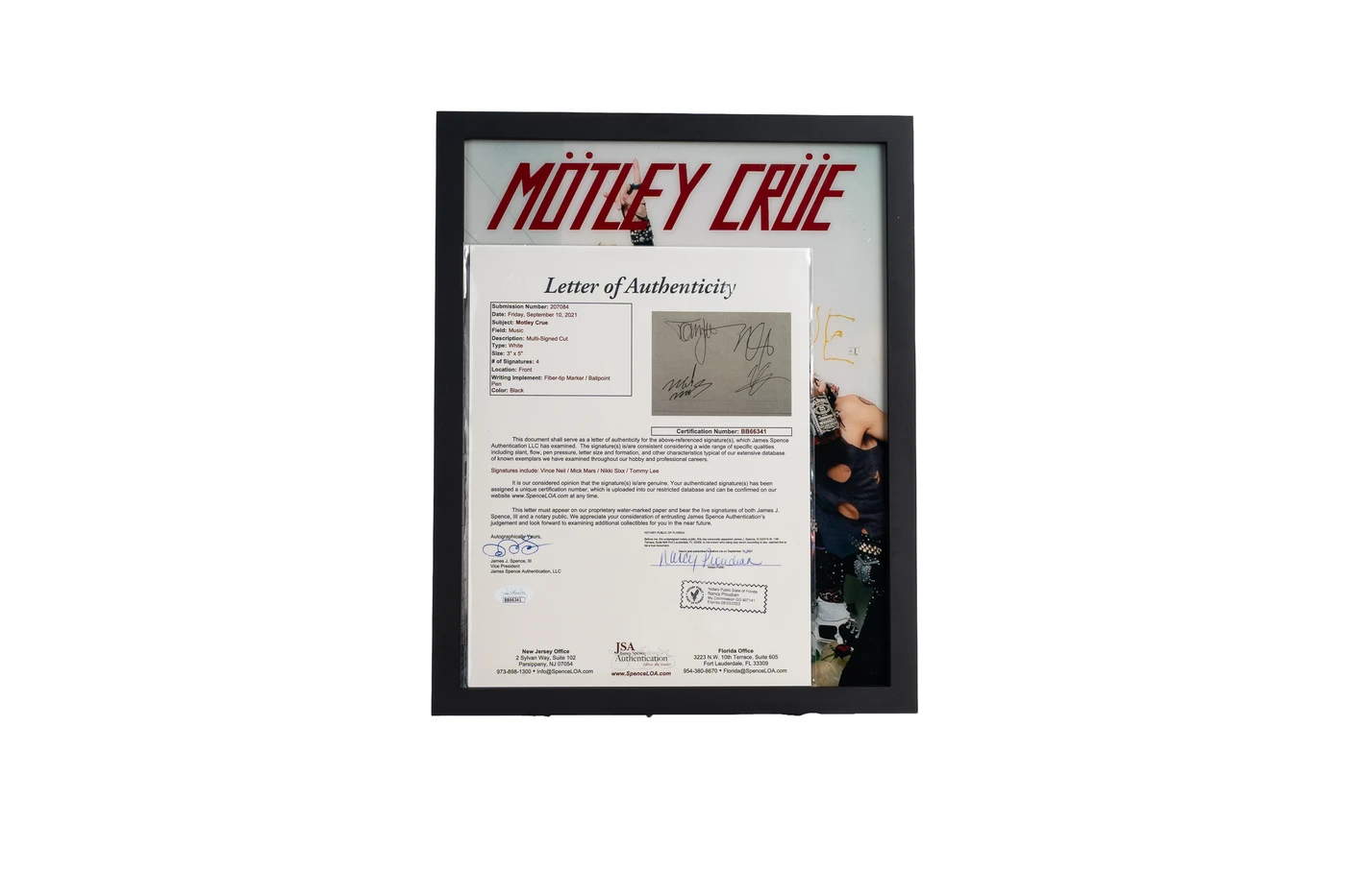 Framed Autographed Display: Hand-Signed Cut by Mötley Crüe