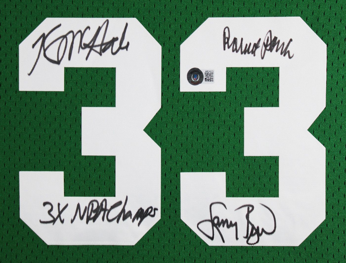Celtics (3) Bird, Parish & McHale Signed Green M&N Swingman Framed Jersey BAS W