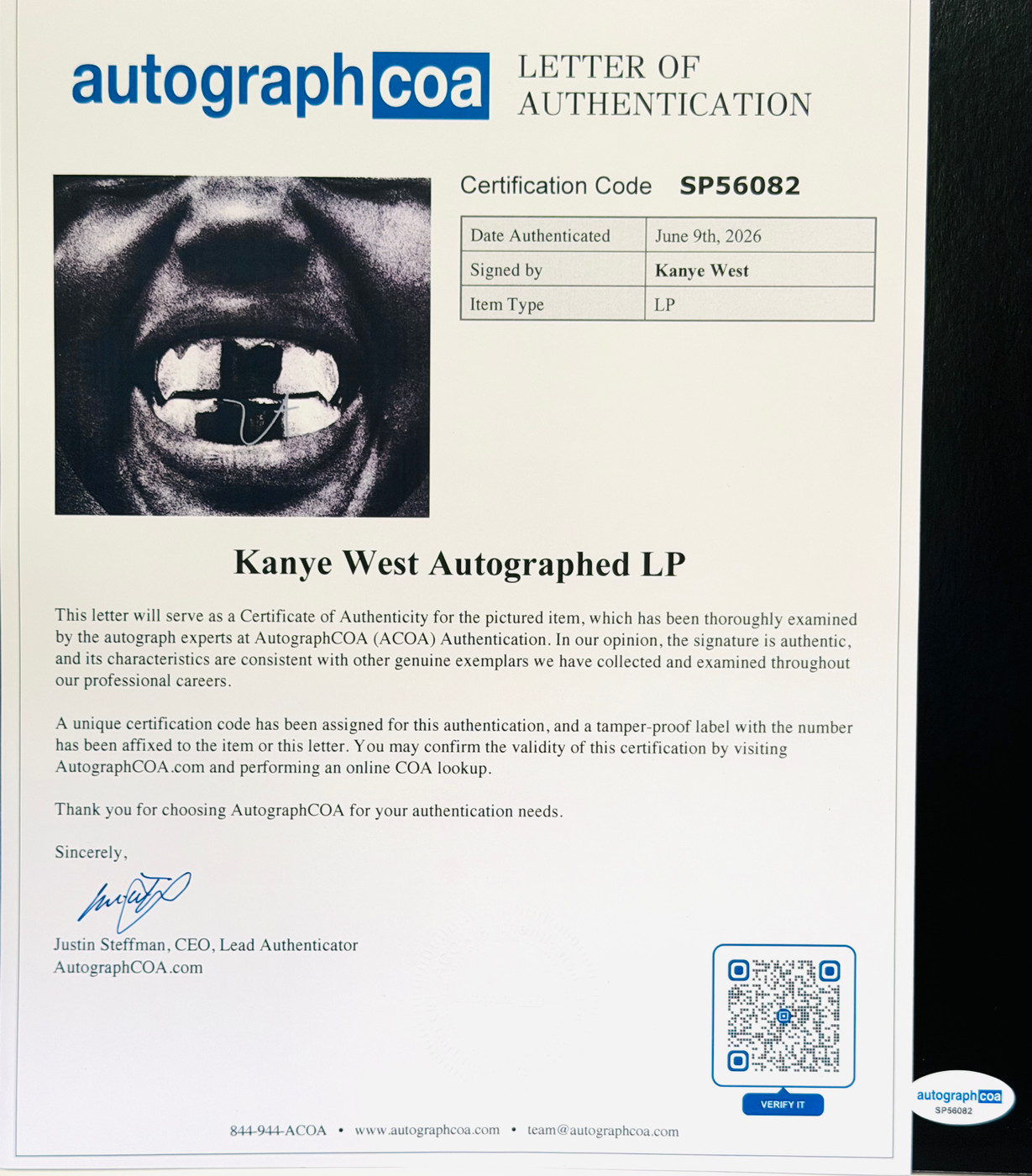 Kayne West Signed "Bully" LP Cover with gray vinyl variant ACOA