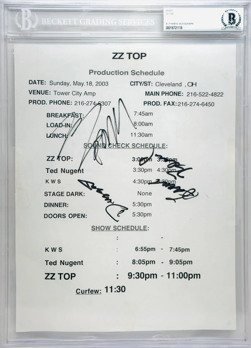 ZZ Top Signed Encapsulated Production Schedule BECKETT