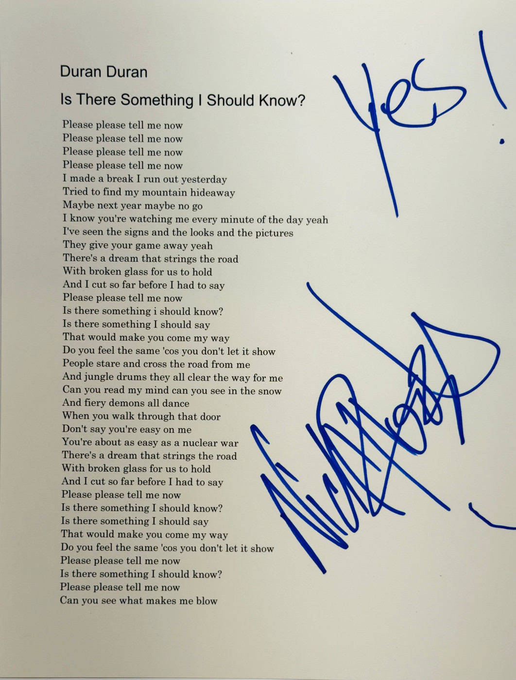 Nick Rhodes Signed Lyrics Sheet JSA Duran Duran