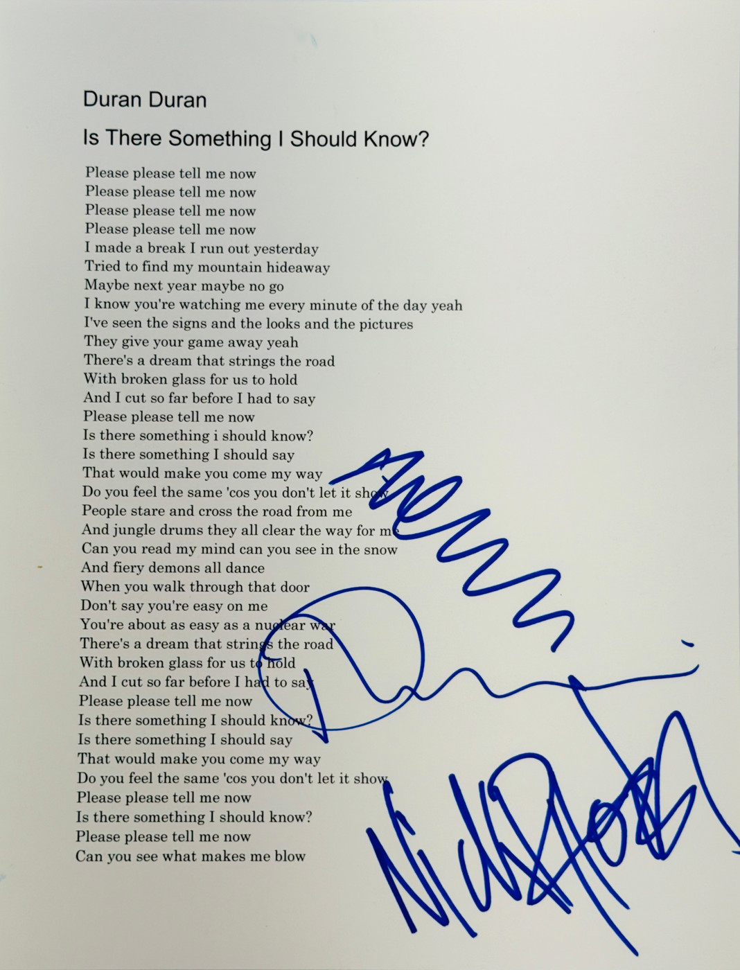 Nick Rhodes, Roger Taylor, John Taylor Signed Lyrics Sheet JSA Duran Duran