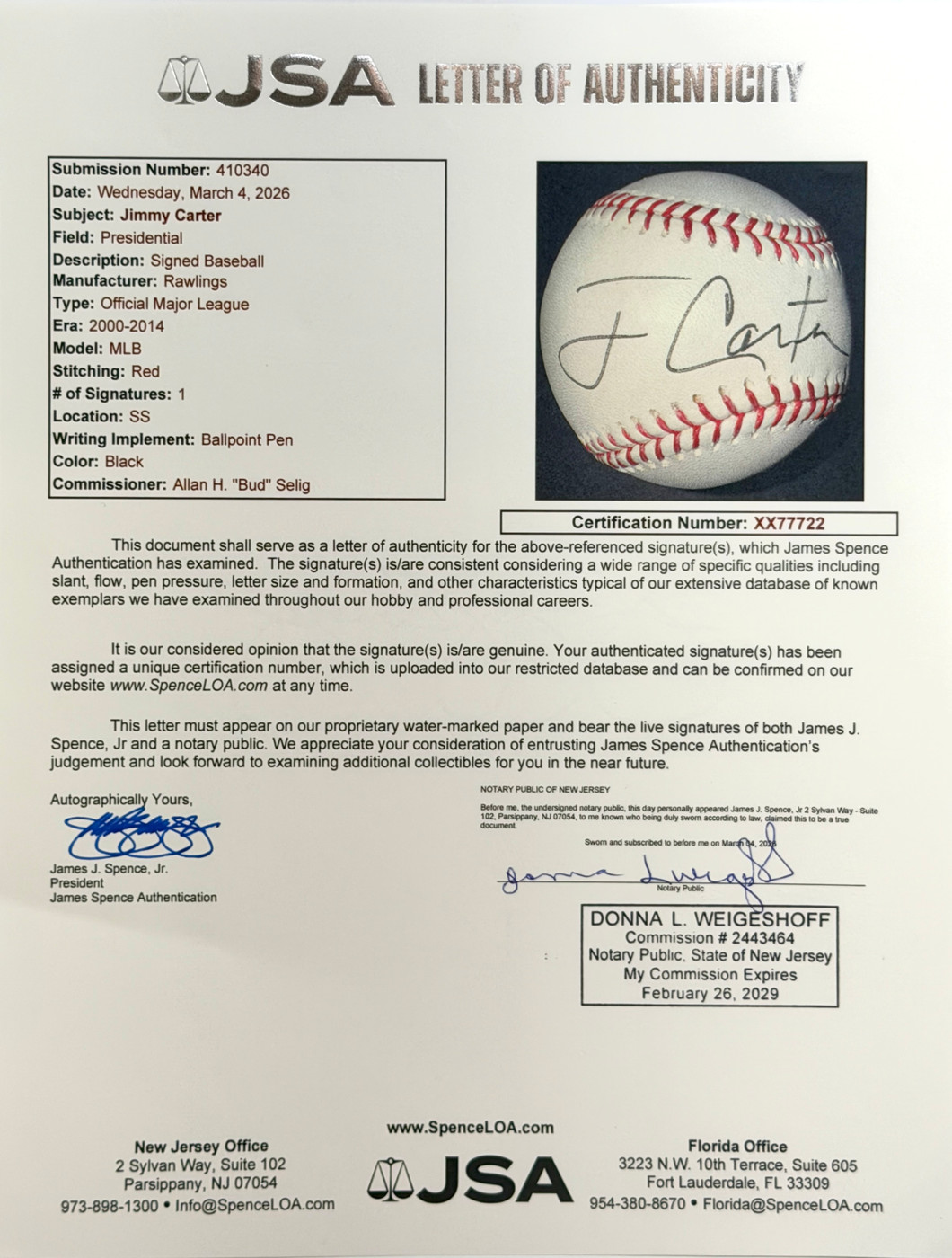 Jimmy Carter Signed Rawlings Official MLB Baseball JSA