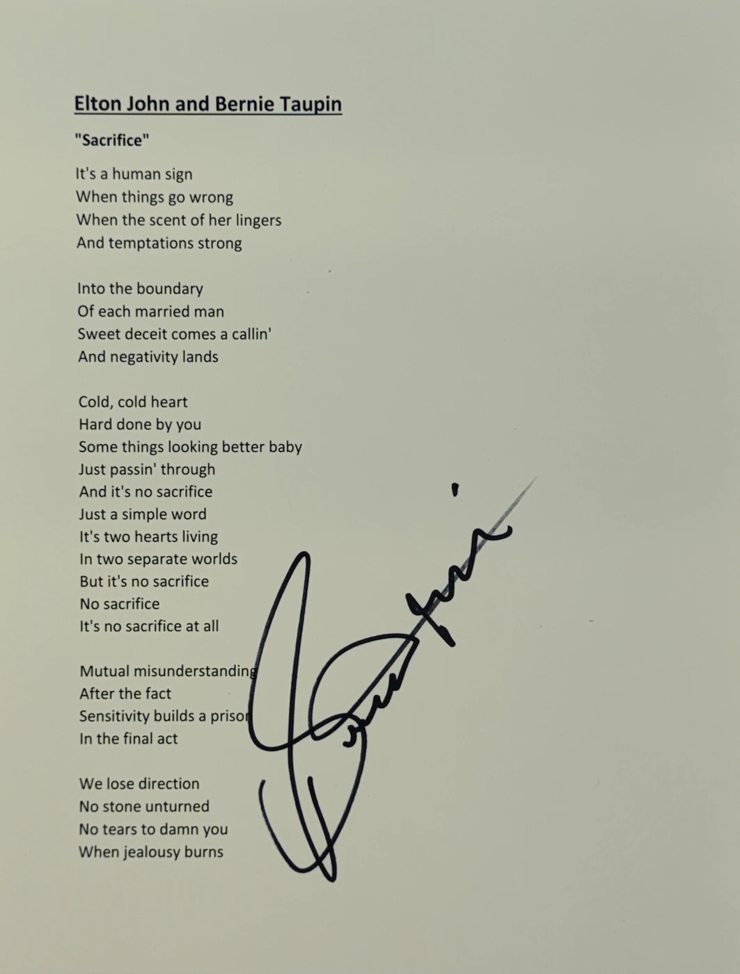 Bernie Taupin Signed "Sacrifice" Lyrics Sheet JSA