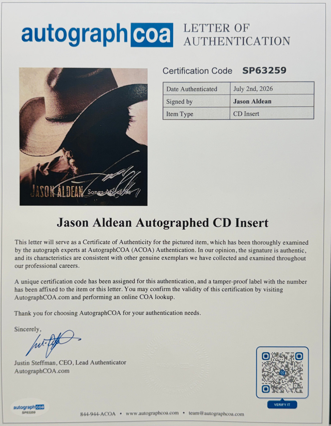 Jason Aldean Signed "Songs About Us" CD Insert w/ Double LP & CD ACOA