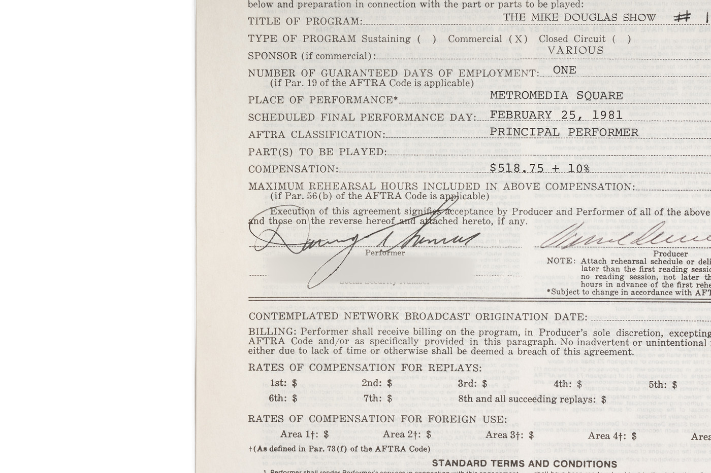 Television Contract: Hand-Signed by Danny Thomas (The Mike Douglas Show)