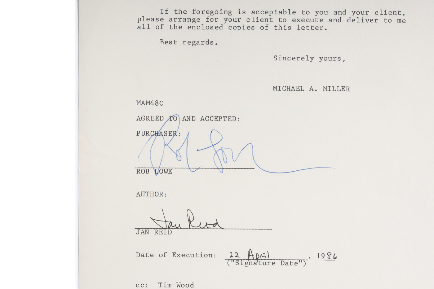 Dual-Signed Legal Contract Page: Rob Lowe and Jan Reid (1986 Legal Agreement)