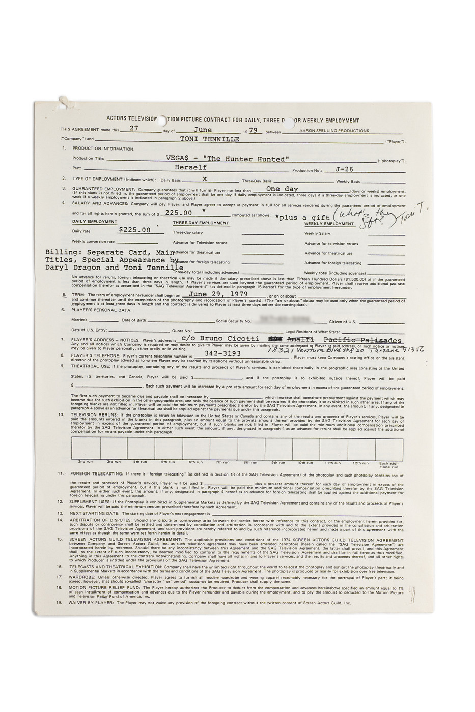 Captain & Tennille Signed Individual Screen Acting Contracts