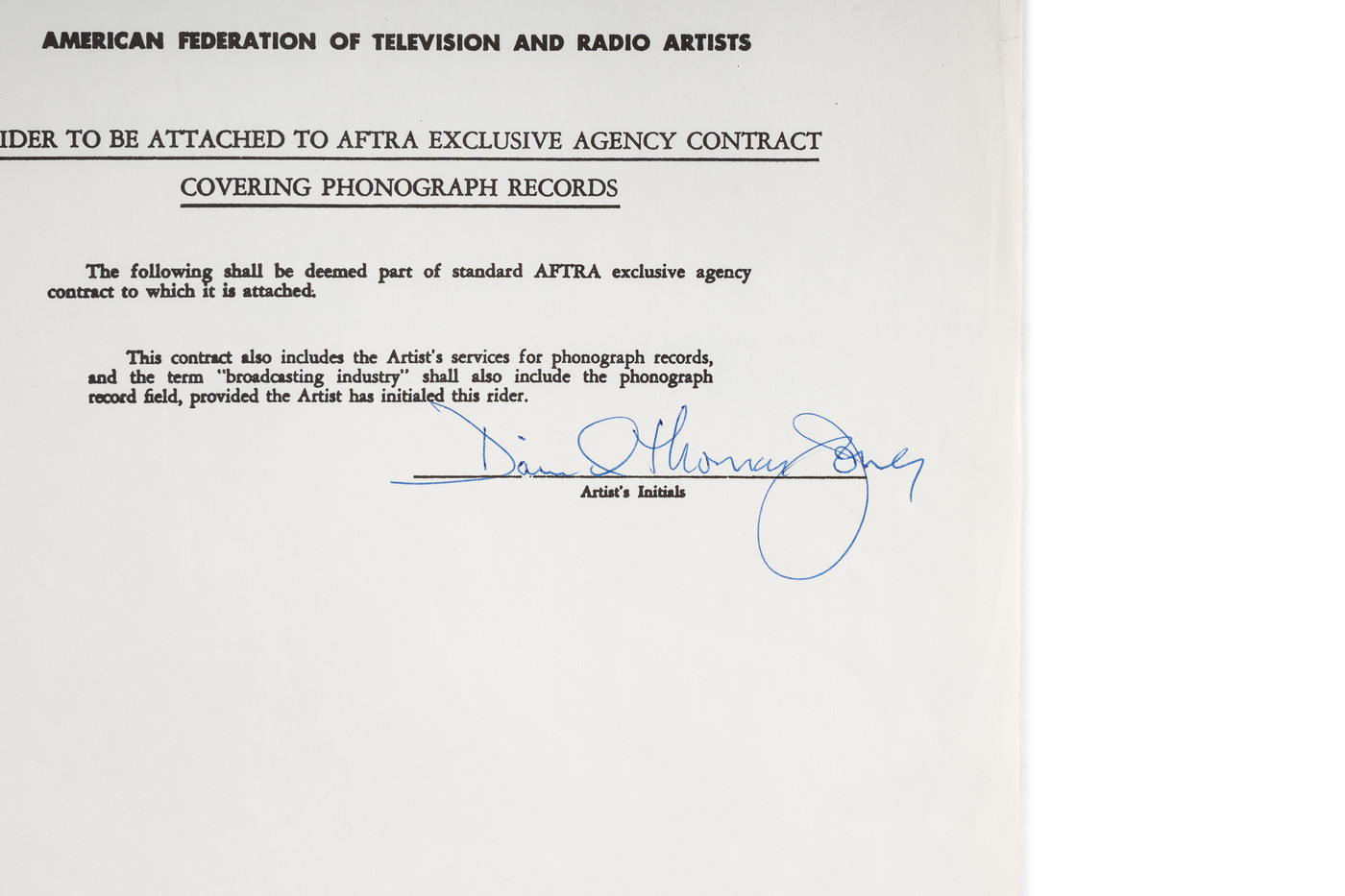 Agency Rider Contract Document: Hand-Signed by Davy Jones (The Monkees)