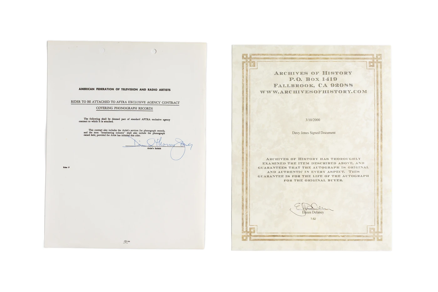 Agency Rider Contract Document: Hand-Signed by Davy Jones (The Monkees)