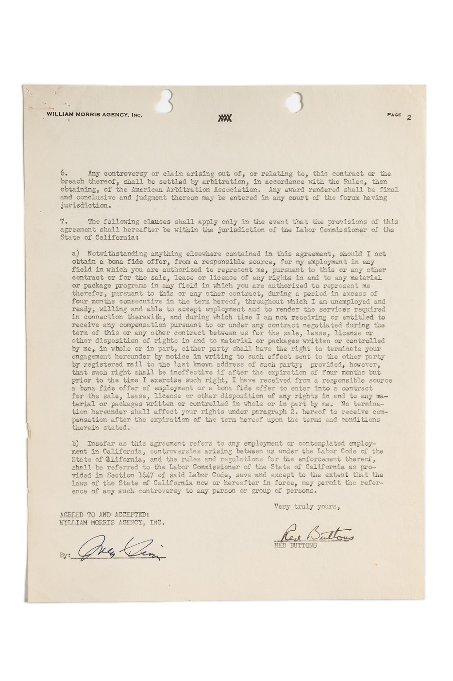 Red Buttons Hand-Signed William Morris Agency Representation Contract