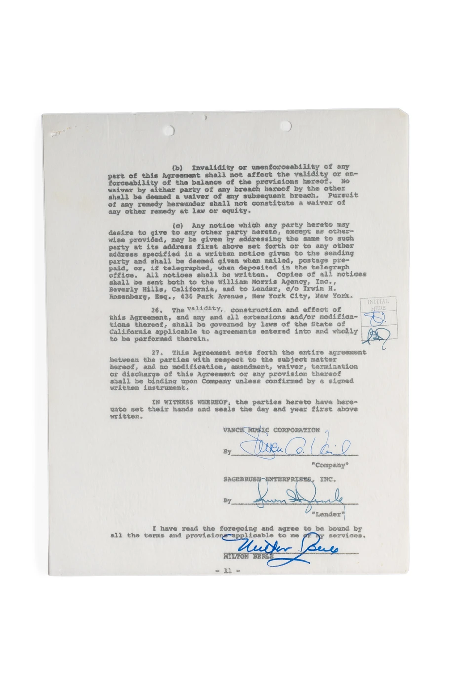 Milton Berle Hand-Signed Master Recording Industry Contract