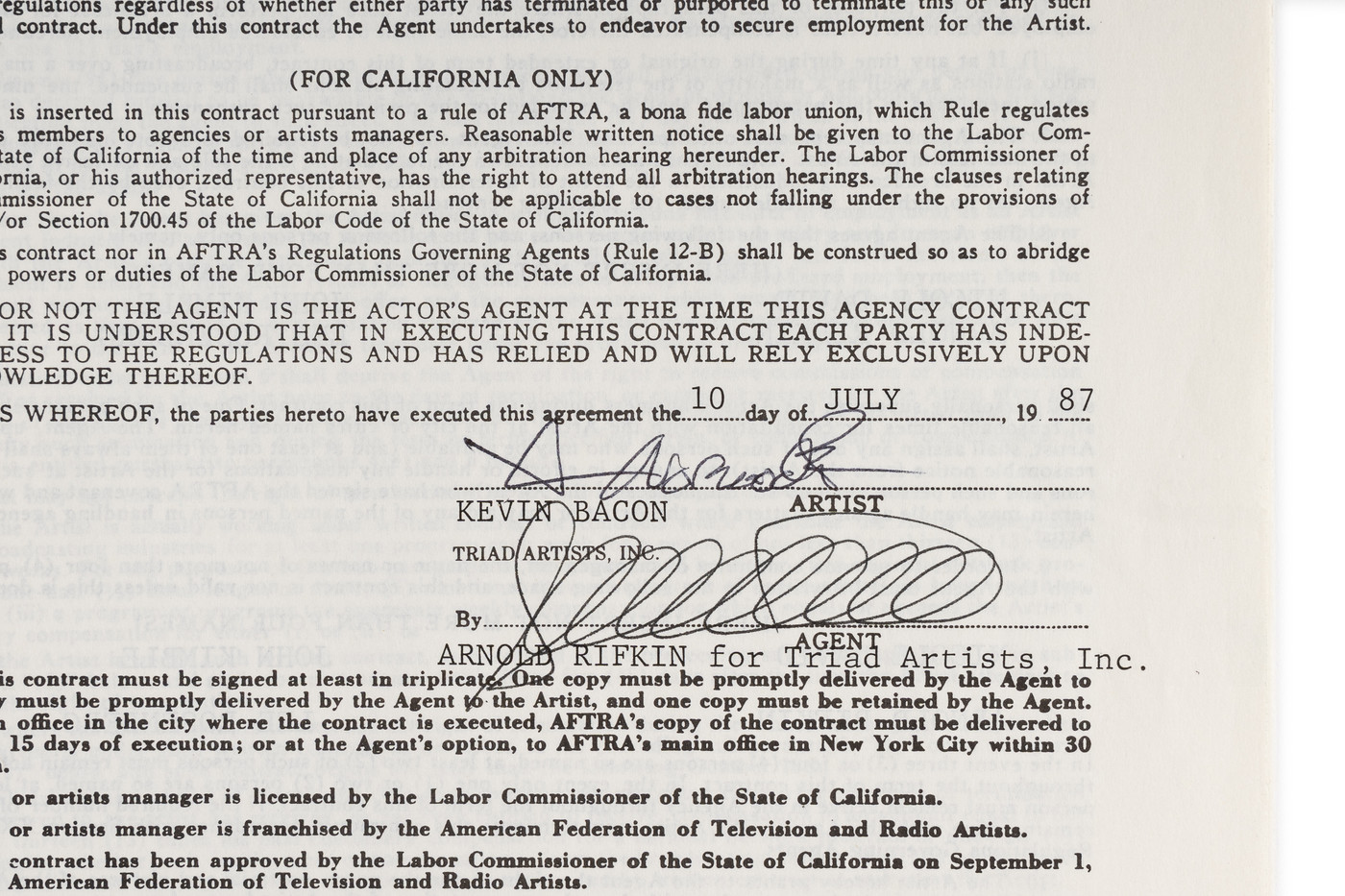 Kevin Bacon Hand-Signed AFTRA Exclusive Agency Contract