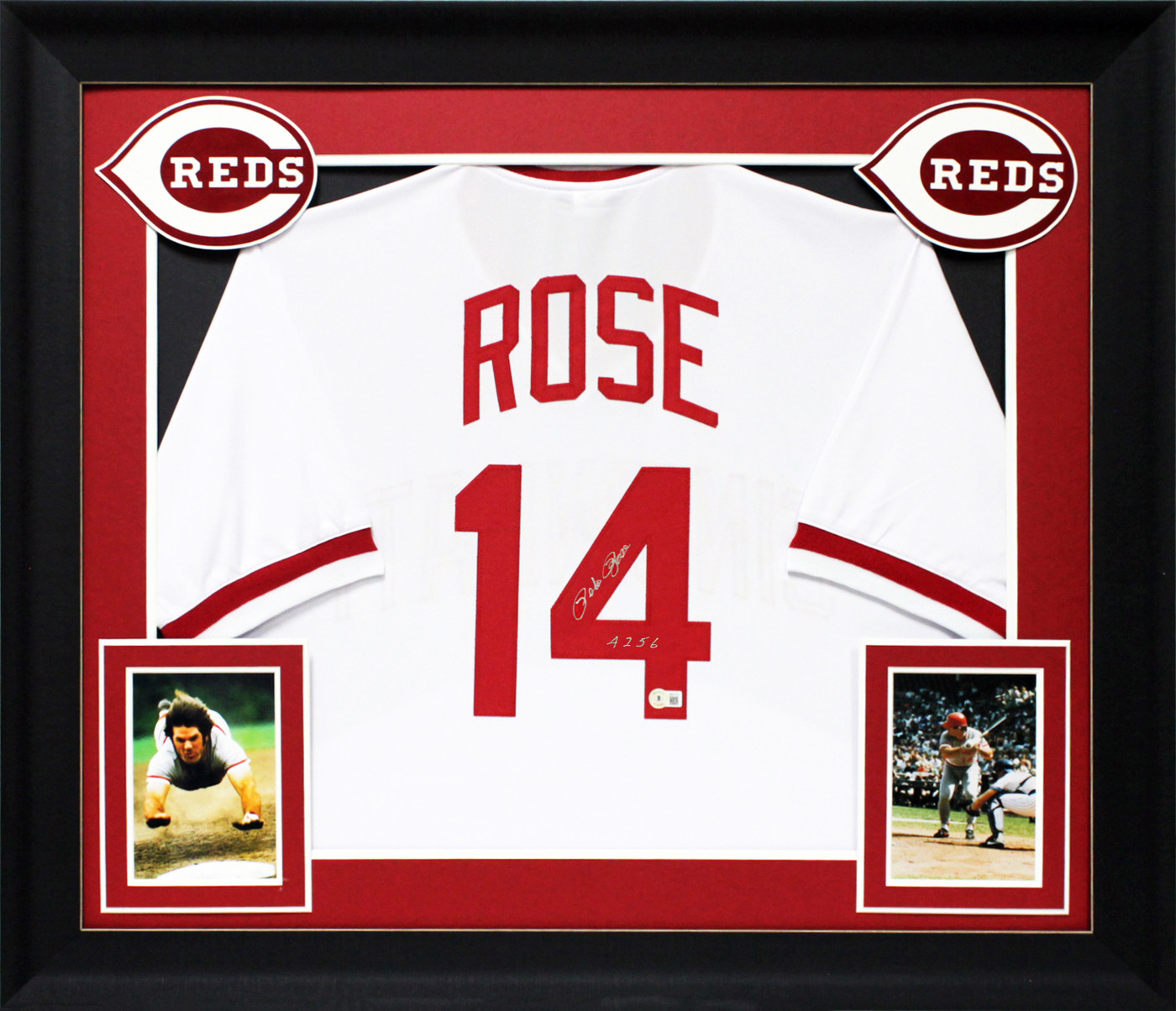 Reds Pete Rose "4256" Authentic Signed White Pro Style Framed Jersey BAS 5
