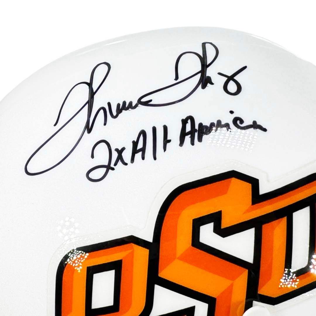 Thurman Thomas Signed 2x All Pro American Inscription OSU Cowboys White Mini Schutt Football Helmet (JSA)