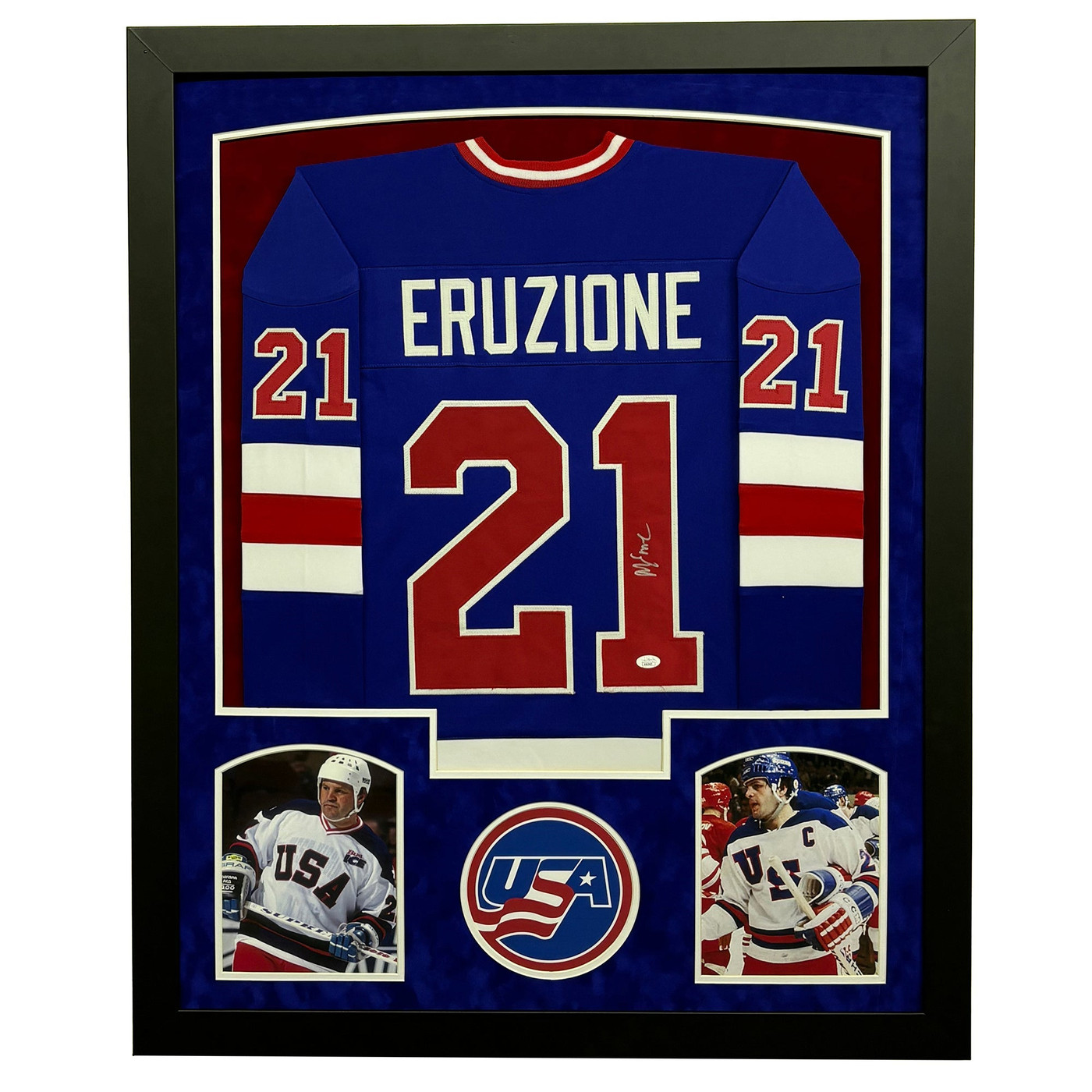 Mike Eruzione Signed USA Blue Custom Suede Matte Framed Jersey