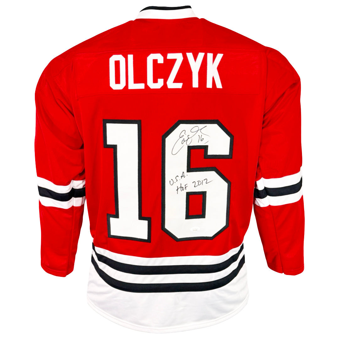 Eddie Olczyk Signed HOF 2012 Inscription Chicago Red Hockey Jersey